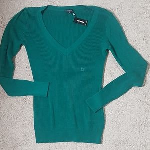 Express green v-neck ribbed long sleeve sw…